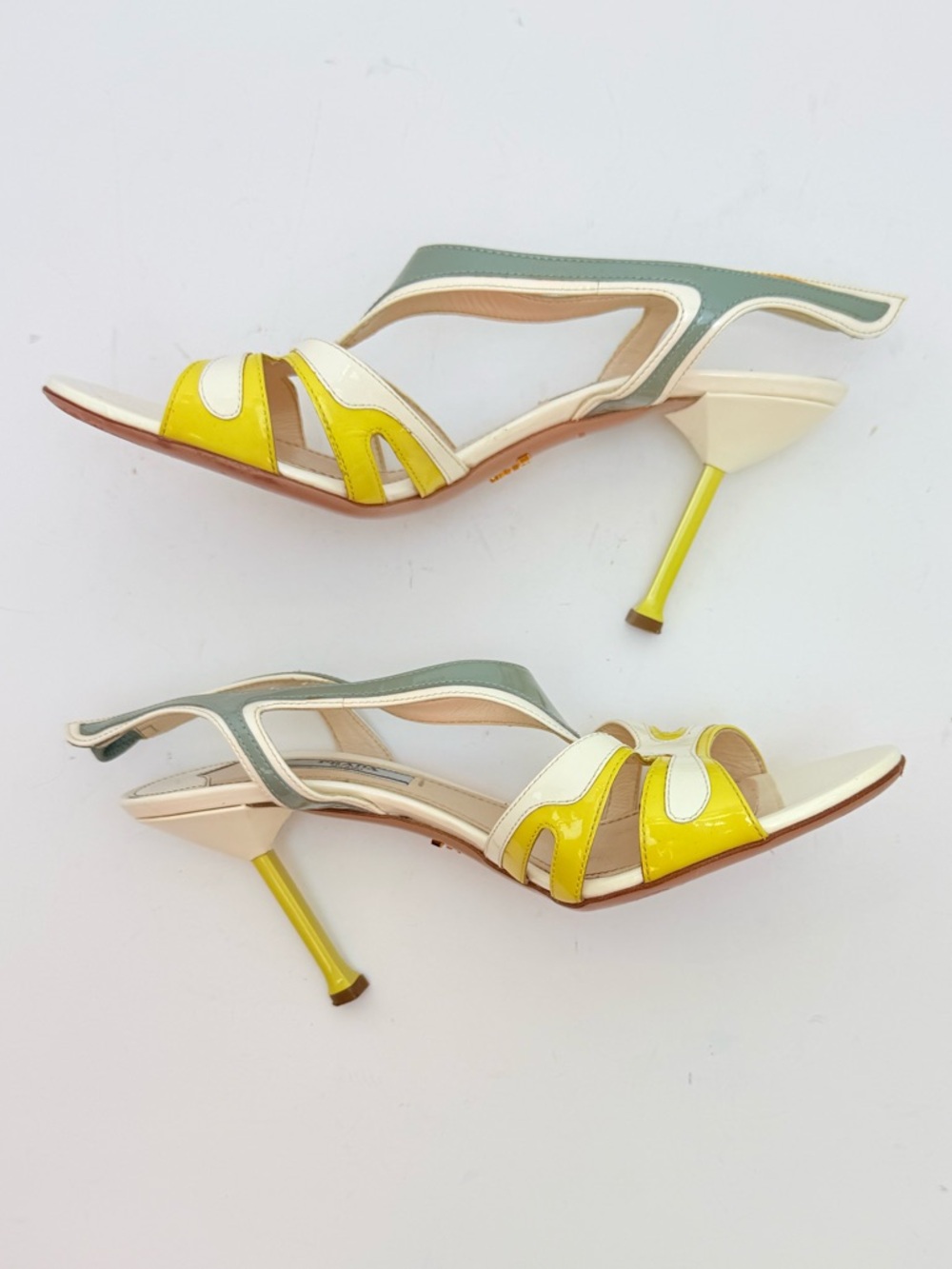 Prada 2012 Hot Rod Flame Patent Cutout Slingback Heels 38 Ivory Yellow Sage - Picture 6 of 13
